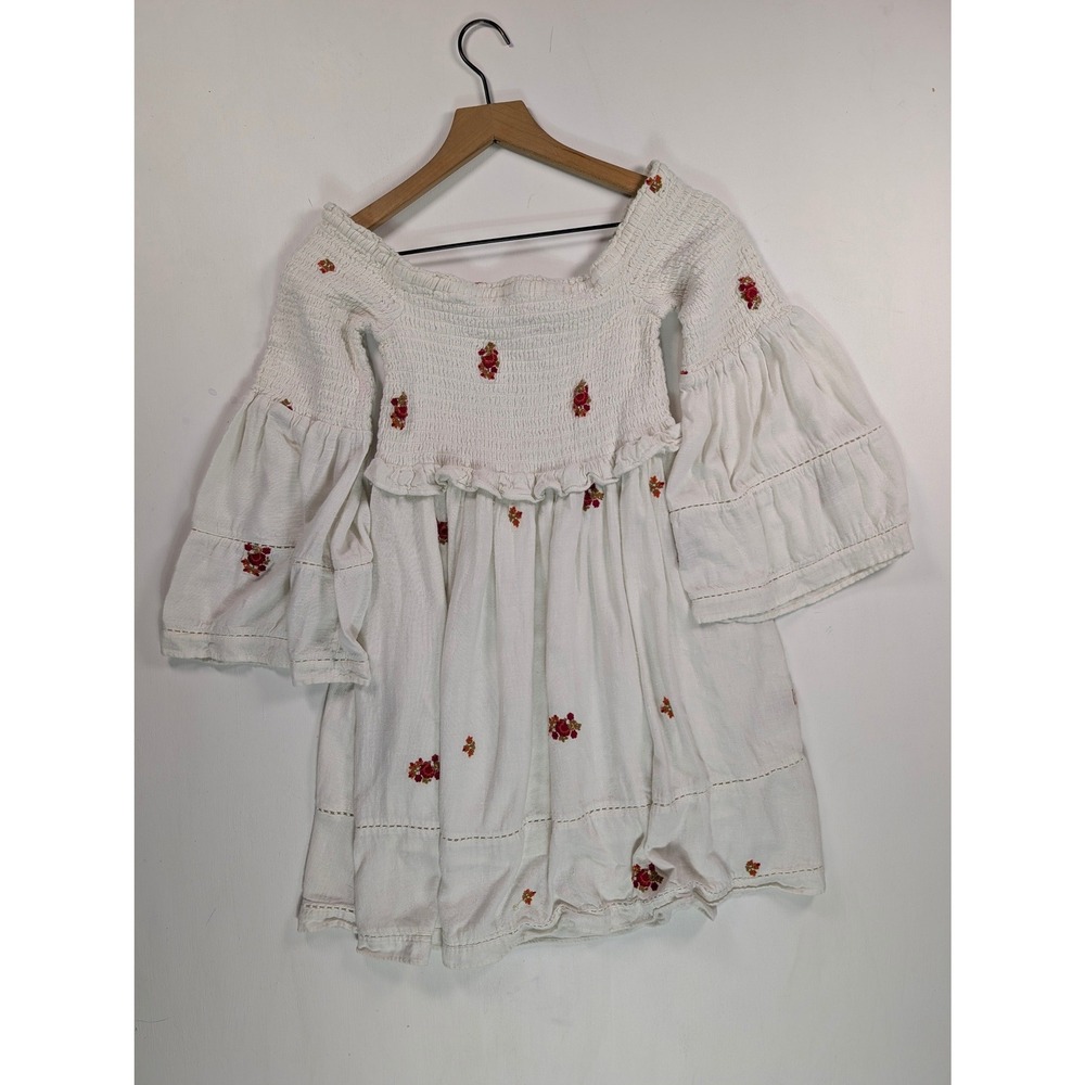 Free People White Smocked Floral Embroidered Off Shoulder Tunic Top Small